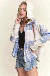 ADORA Button Down Plaid Hoodie Shacket OutfitFlow